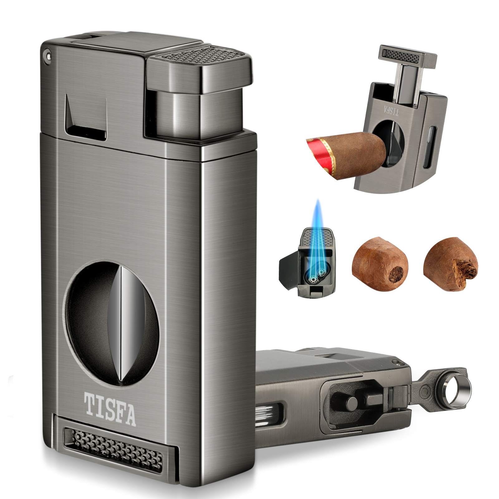 3-in-1 Lighter — Dual Flame + V-Cut