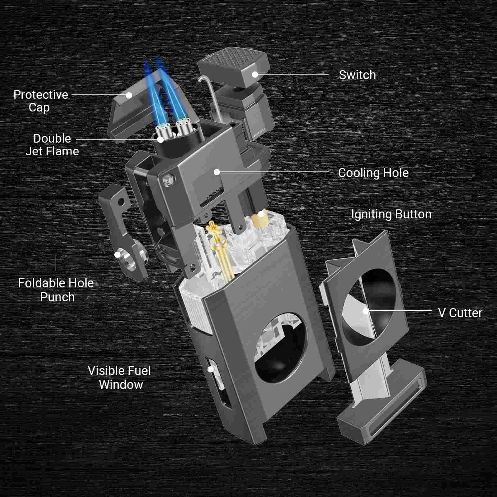 3-in-1 Lighter — Dual Flame + V-Cut