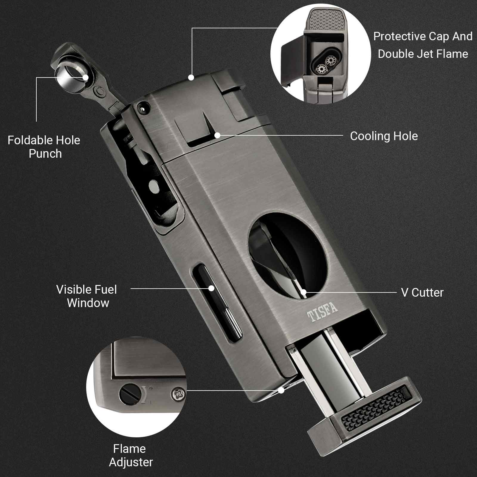 3-in-1 Lighter — Dual Flame + V-Cut