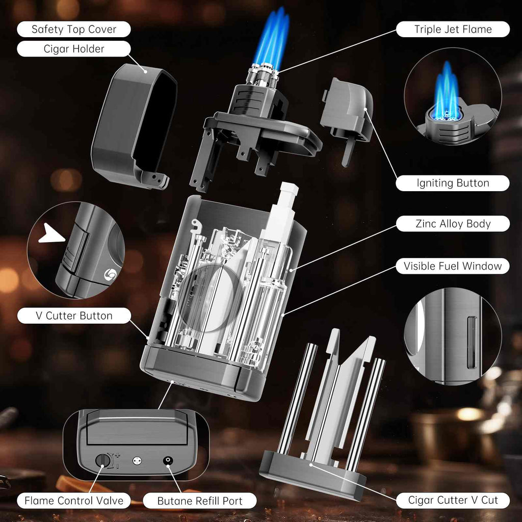 3-in-1 Lighter — Triple Flame + V-Cut