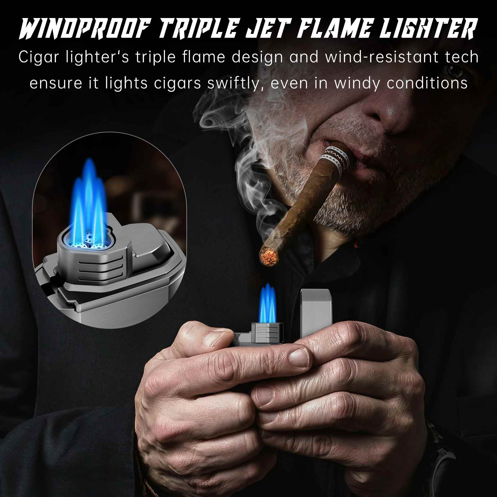 3-in-1 Lighter — Triple Flame + V-Cut