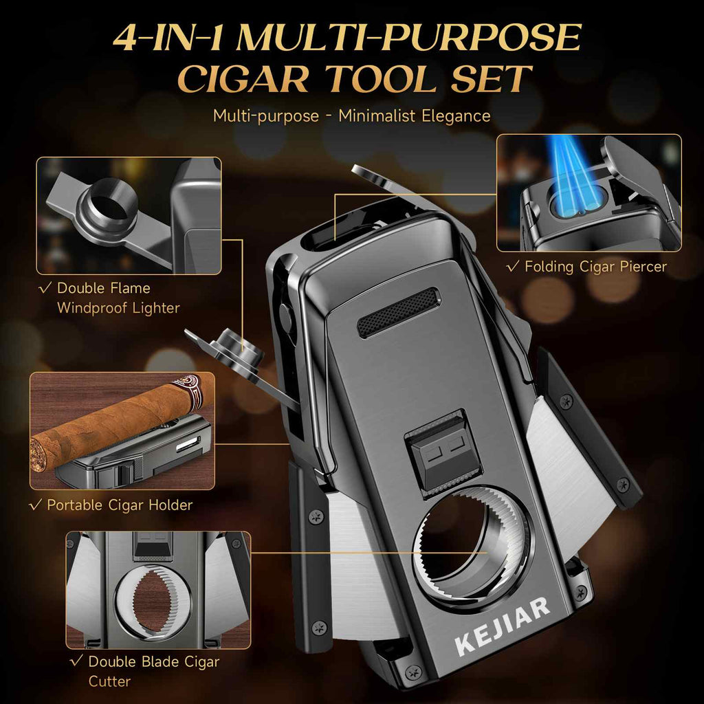 4-in-1 Lighter — Dual Flame + Cutter + Punch