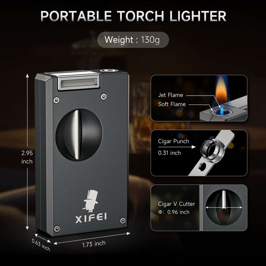 3-in-1 Lighter — Dual Flame + V-Cut + Punch