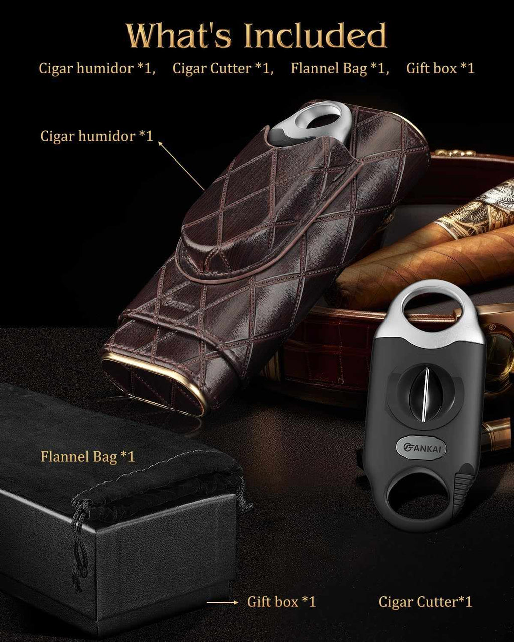 Leather Travel Humidor + V-Cut Cutter — 2-4 Cigars