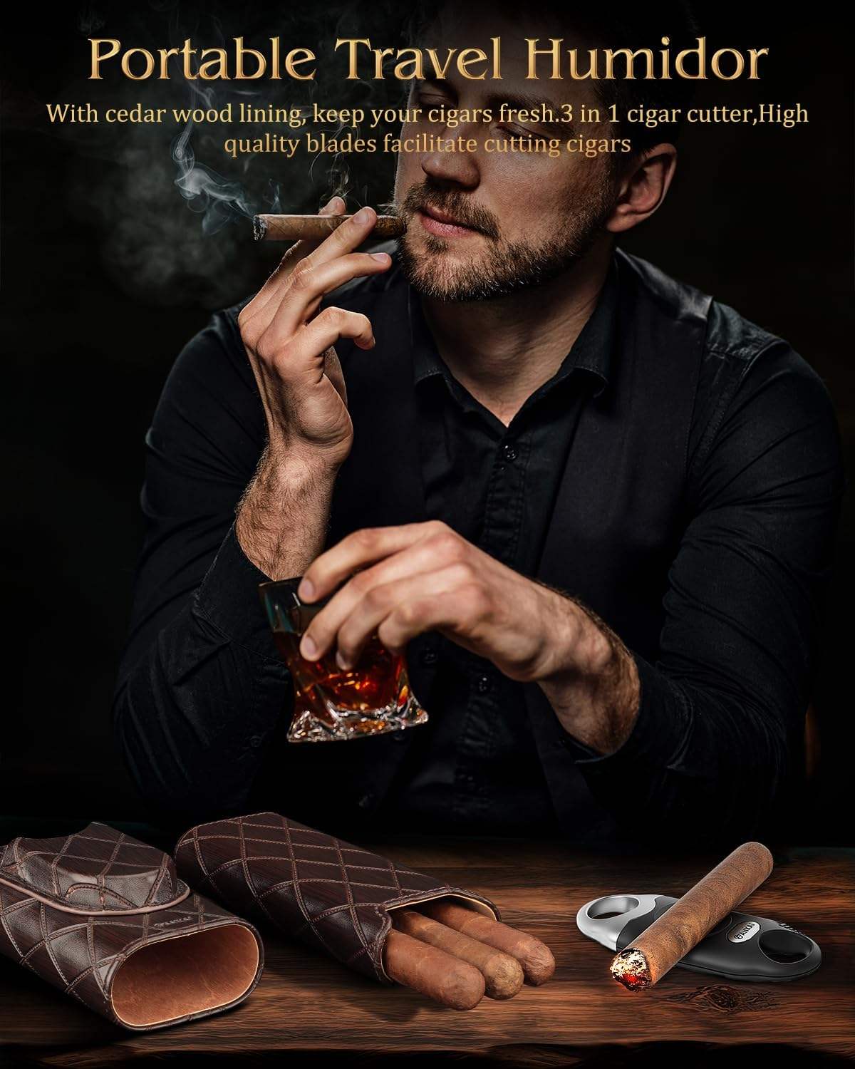 Leather Travel Humidor + V-Cut Cutter — 2-4 Cigars