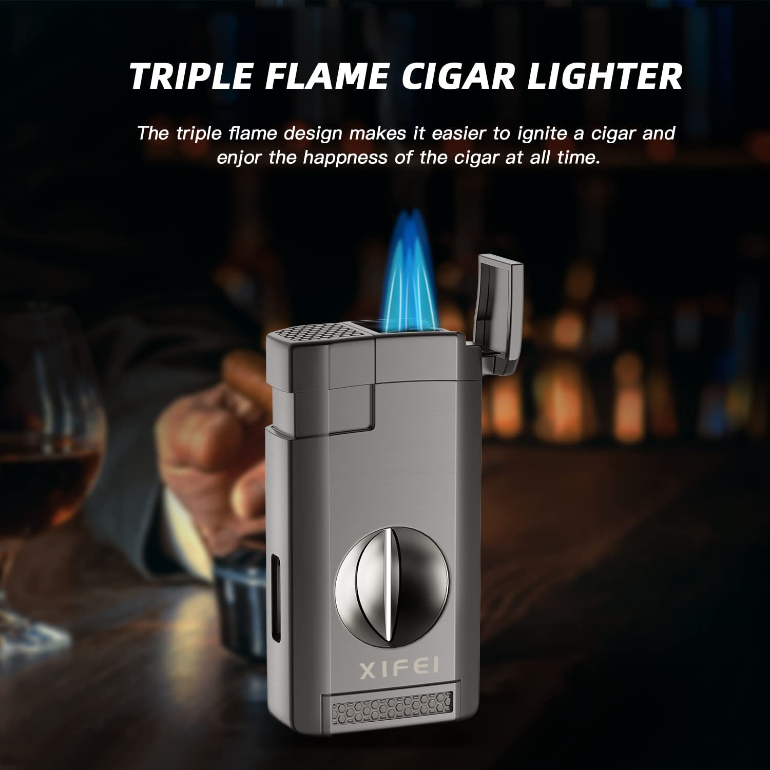 3-in-1 Lighter — Triple Flame + V-Cut + Stand
