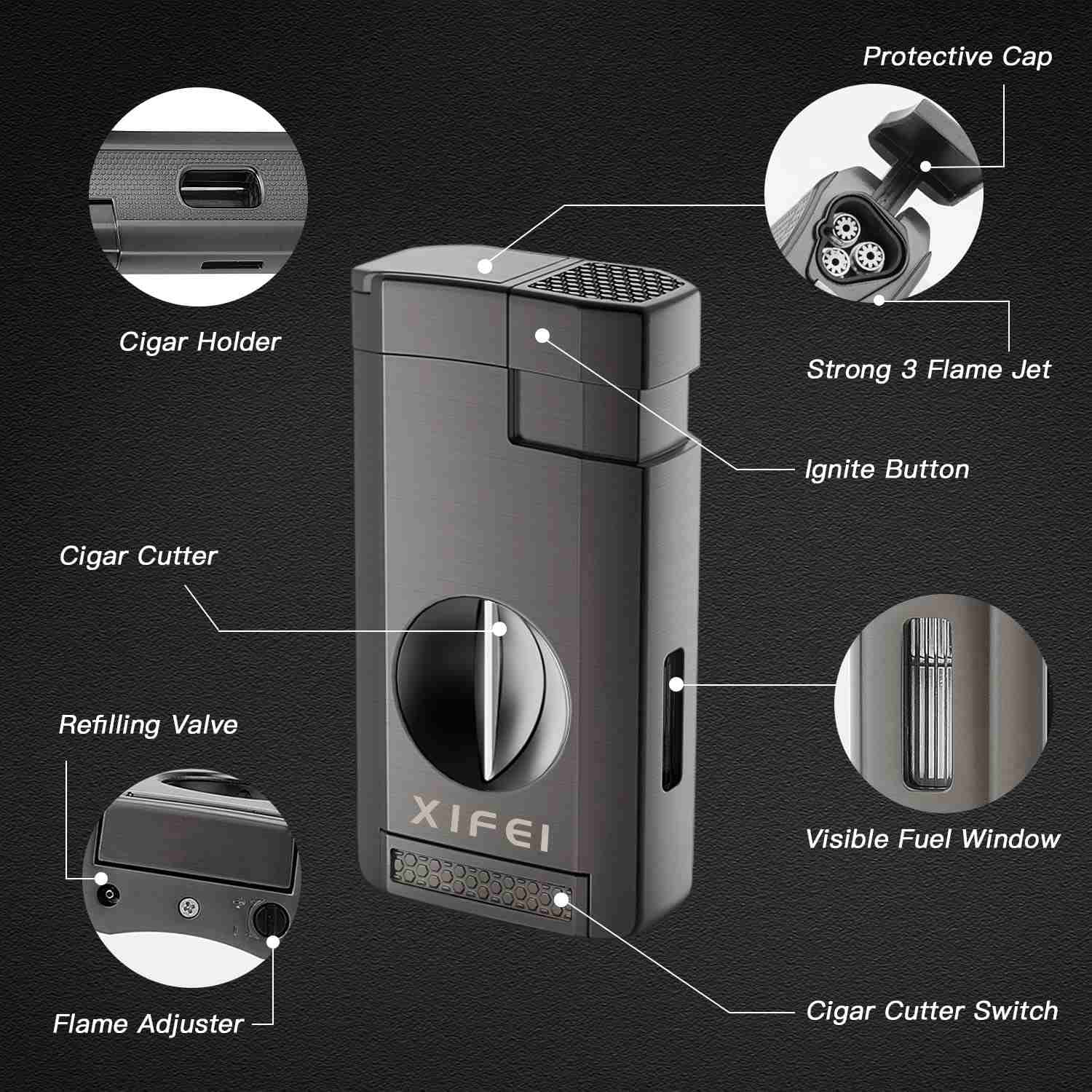 3-in-1 Lighter — Triple Flame + V-Cut + Stand