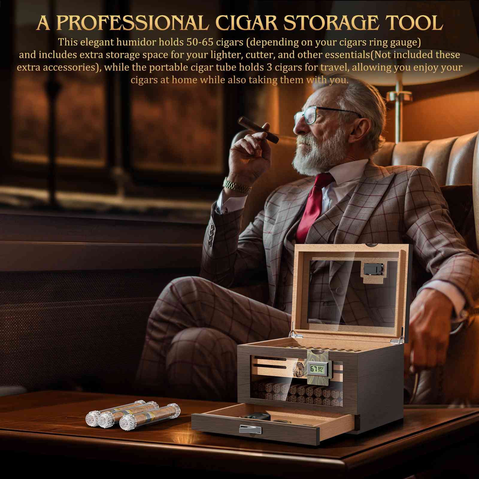 Glass-Top Desktop Humidor — 60 Count